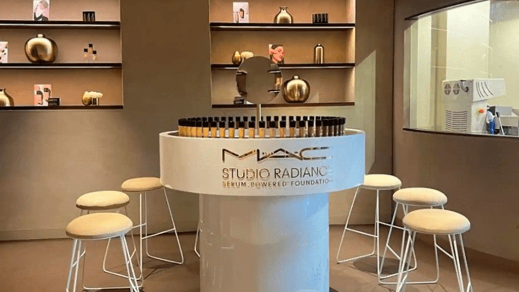 MAC Studio Radiance Serum Powdered Foundation podium at MACxGanache event